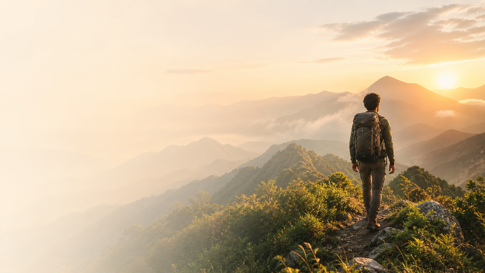 A hiker with a full backpack looking toward a mountain sunrise horizon